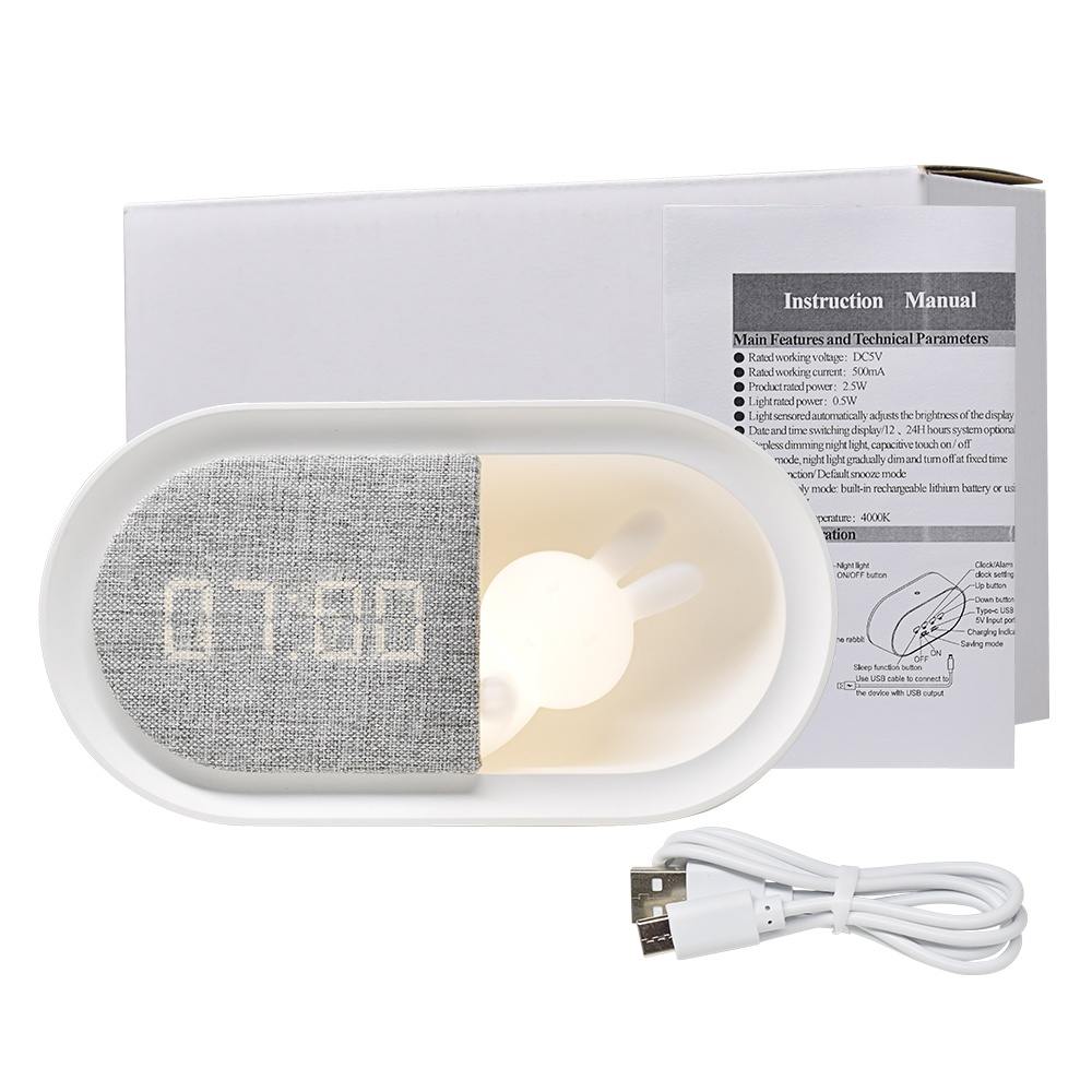 Cute Silicone Rabbit Snooze Alarm Clock with Dimming Night Light LCD Light Sensored Brightness Adjusts Bedroom Digital Clock