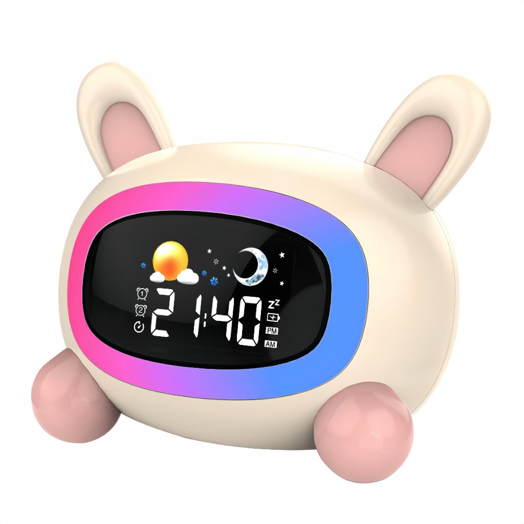 Cute Animal Kids Alarm Clock with Sleep Aid Music LCD Display Moon and Sun Rabbit Toddler Sleep Training with Night Lights