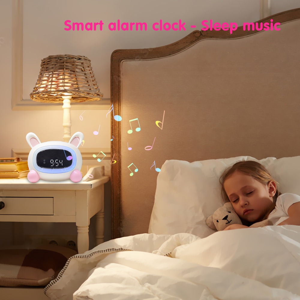 Cute Animal Kids Alarm Clock with Sleep Aid Music LCD Display Moon and Sun Rabbit Toddler Sleep Training with Night Lights