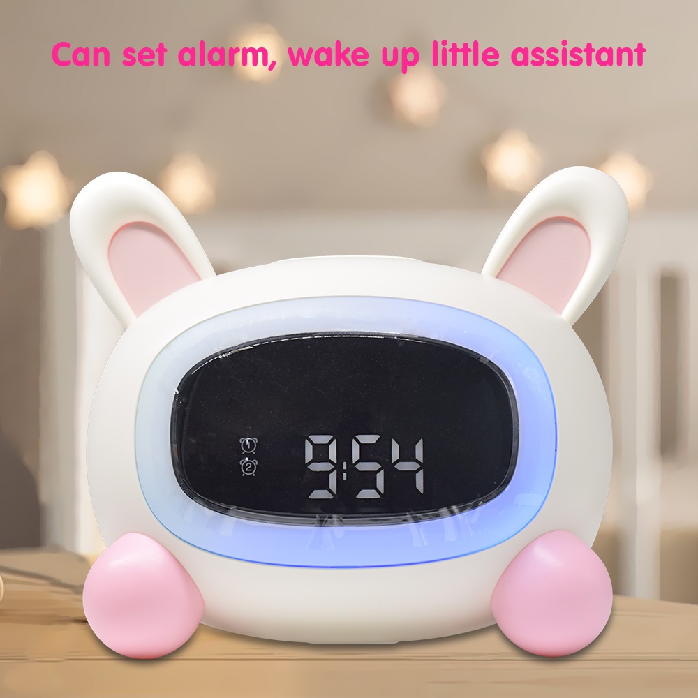 Cute Animal Kids Alarm Clock with Sleep Aid Music LCD Display Moon and Sun Rabbit Toddler Sleep Training with Night Lights