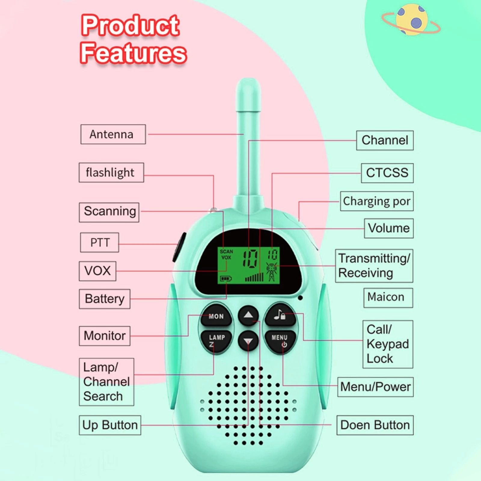 Hot Selling Cheap Custom Portable 3-5km Long Range 1000mAh Battery Radio Interphone Toy With Flashlight For Children Gift