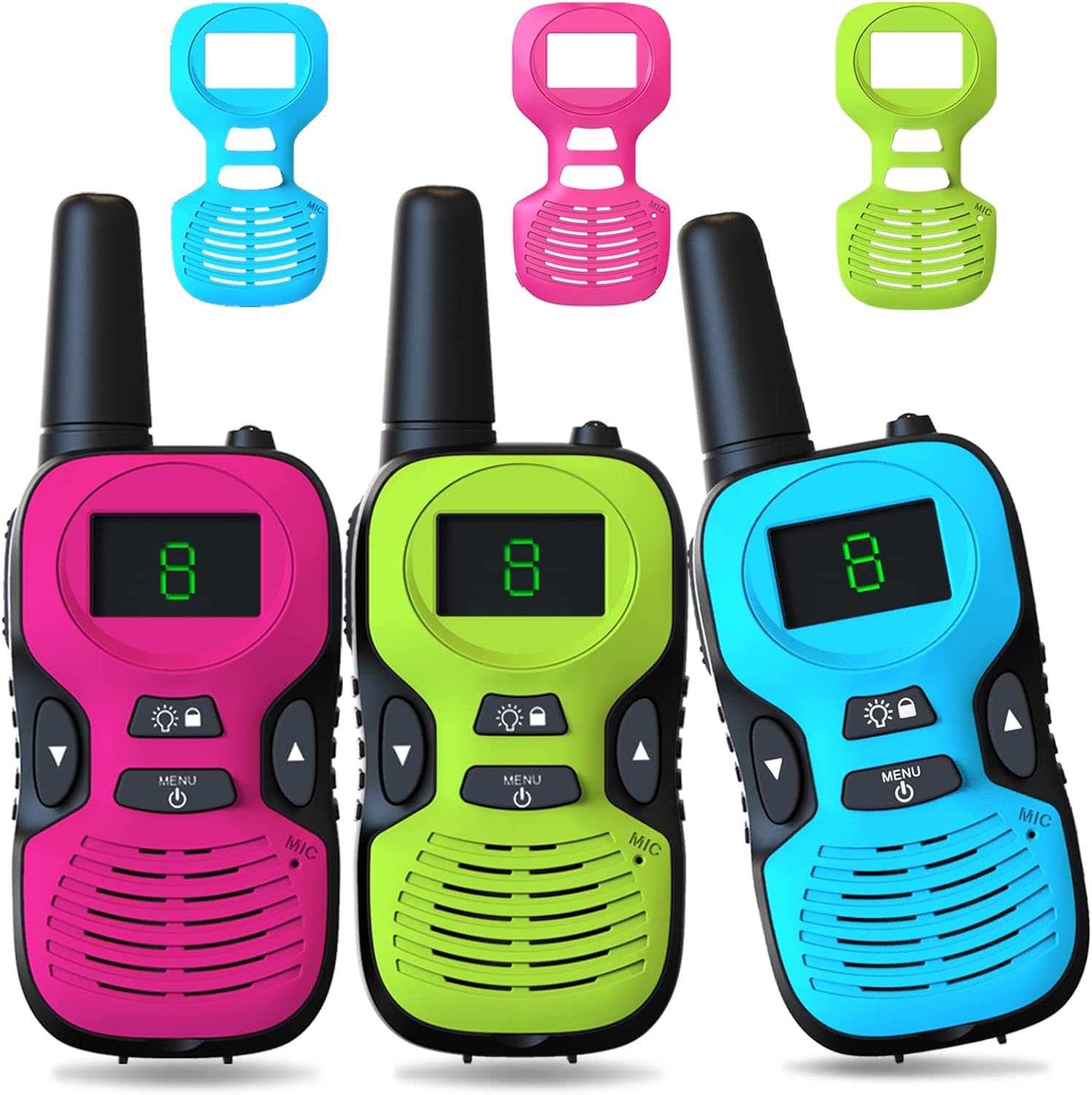 3-Pack Kids Walkie-Talkies Set with LED Display, Flashlight, and 8 Channels (Pink, Green, Blue)