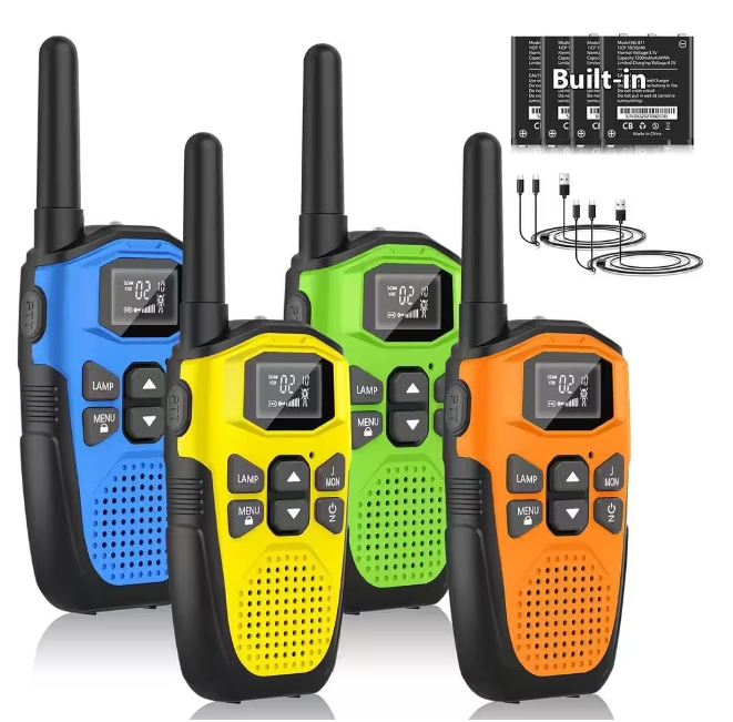 Walkie-Talkie Set of 4, 22 Channels, LCD Display, VOX Hands-Free, LED Flashlight - Blue, Yellow, Green, Orange