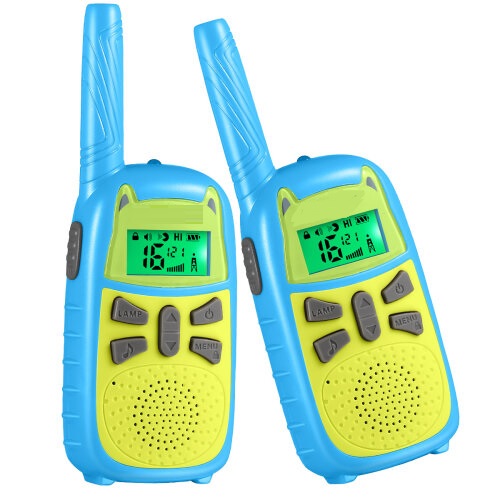 Blue and Green Kids Walkie Talkie - LCD Screen, LED Flashlight, Call Tone Button