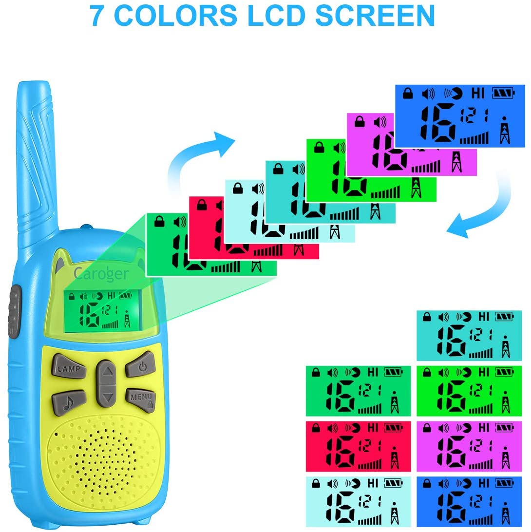 Blue and Green Kids Walkie Talkie - LCD Screen, LED Flashlight, Call Tone Button