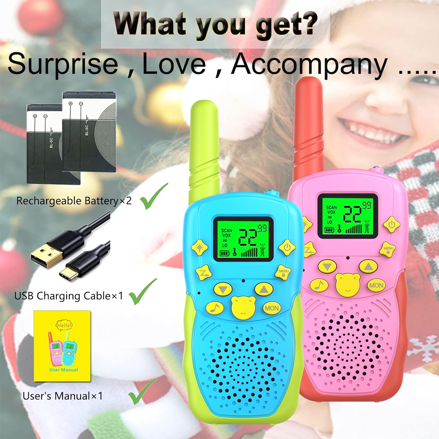 Oplaadbare Kids Walkie Talkies – 3-mijl bereik, digitaal scherm, schattig ontwerp met USB-opladen, ideaal voor binnen en buiten spelen