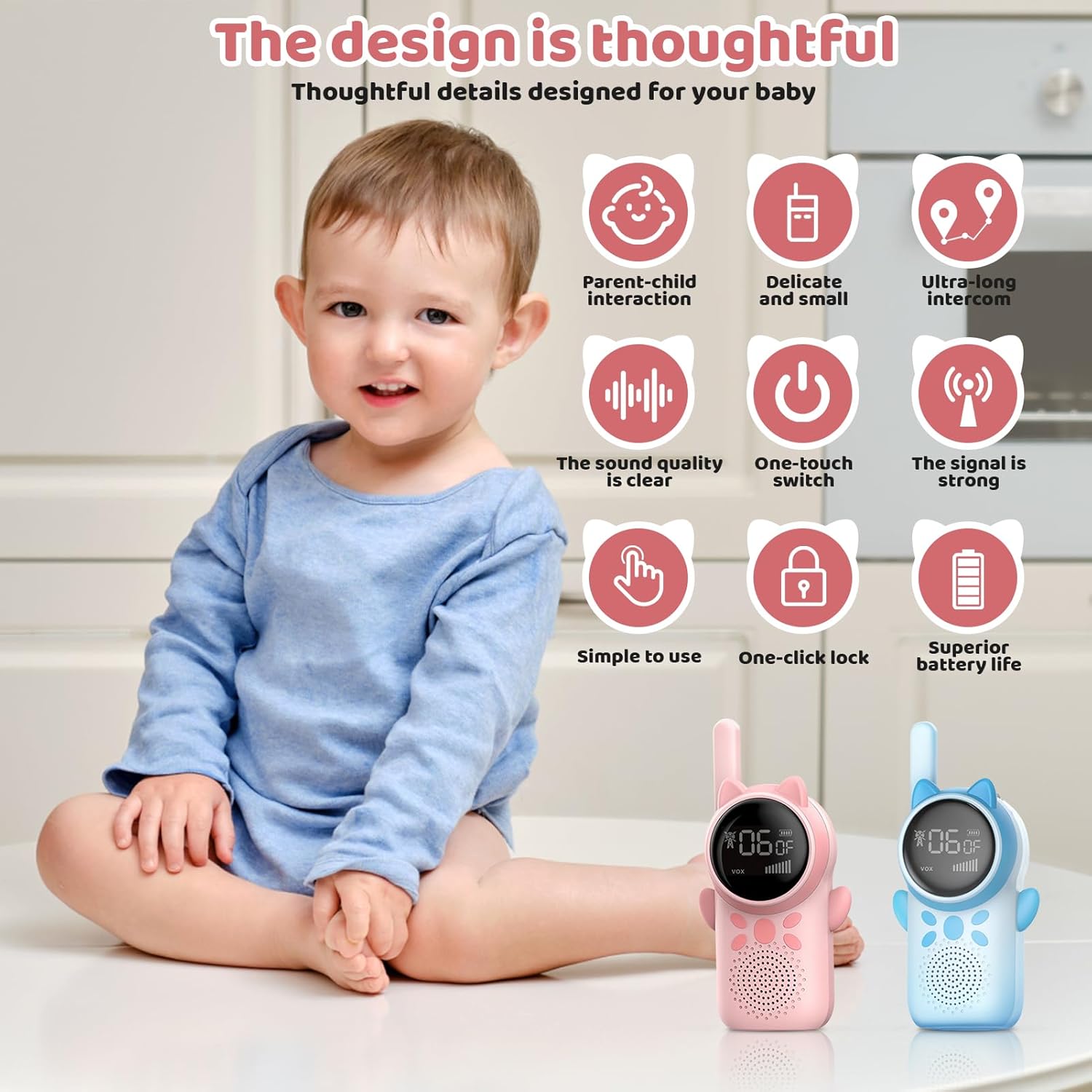 Cat-Themed Kids Walkie Talkies - 2-Pack with Digital Display and VOX Function