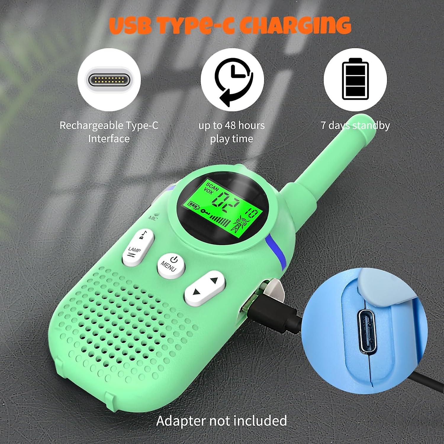 Kids Walkie Talkies with Type-C Charging and LED Flashlight - Rechargeable Two-Way Radio with Hands-Free Clips, Backlit LCD, and Clear Voice