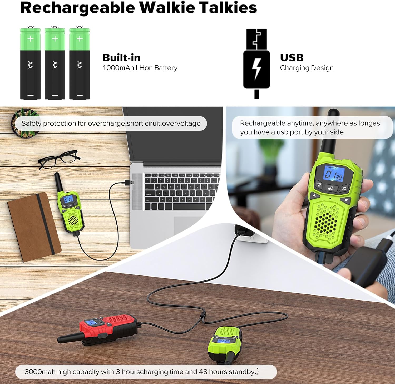 Multifunctional Outdoor Walkie Talkie, 3-Mile Long-Range Two-Way Communication, Supports USB Charging and NOAA Weather Alerts