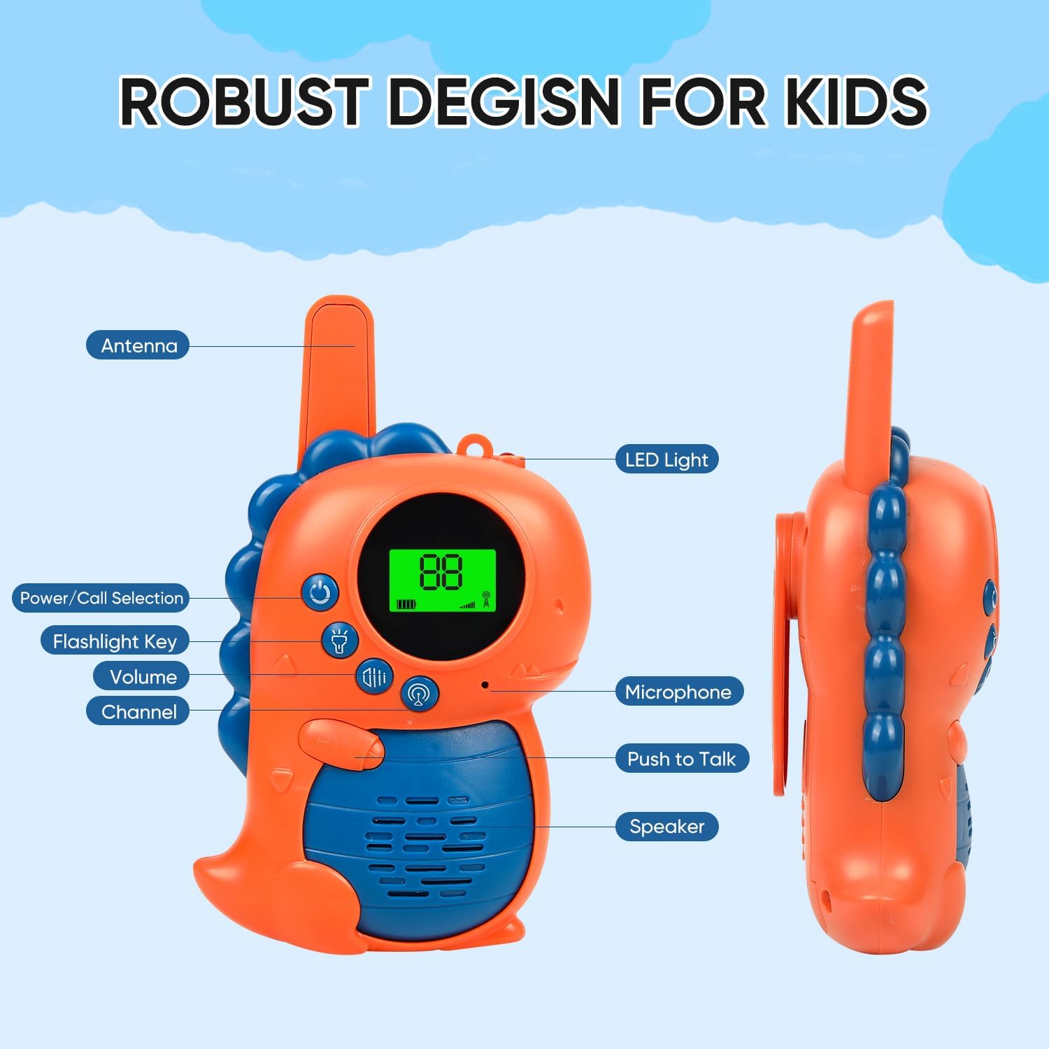 3 Miles Kids Walkie Talkies – Dinosaur Design with LED Light, Long Range Two-Way Radios for Children, Orange & Blue
