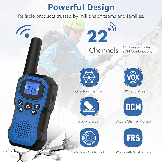 Powerful Design Kids Walkie Talkies - 2-Pack with 22 Channels, Drop Protection, and iVOX Hands-Free Operation