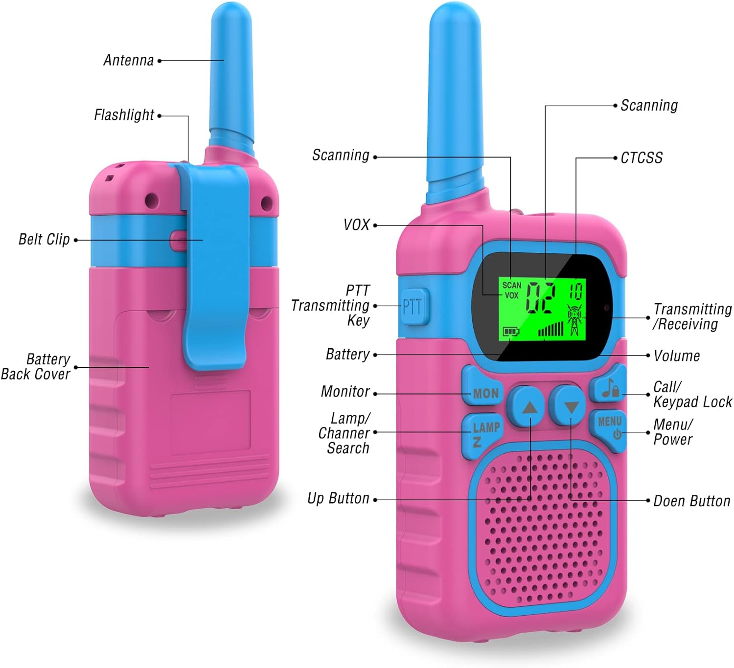 3-Mile Kids Walkie Talkie with Flashlight and VOX, 22 Channels with CTCSS, Pink and Blue