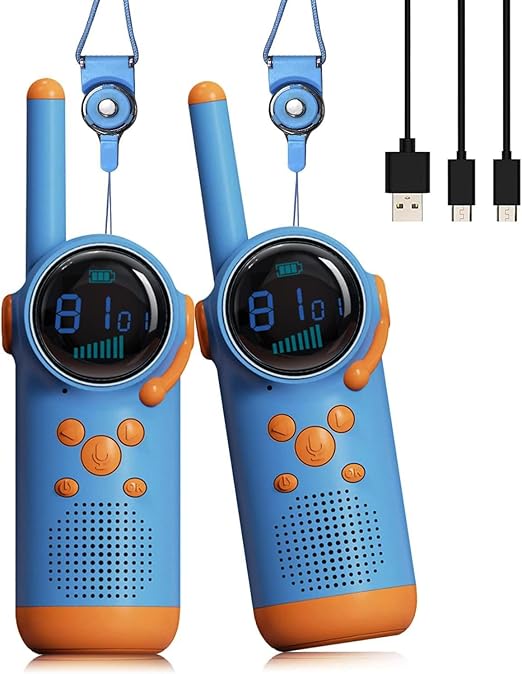 Rechargeable Kids' Walkie Talkie, Two-Way Communication, Blue and Orange Pair for Outdoor Activities