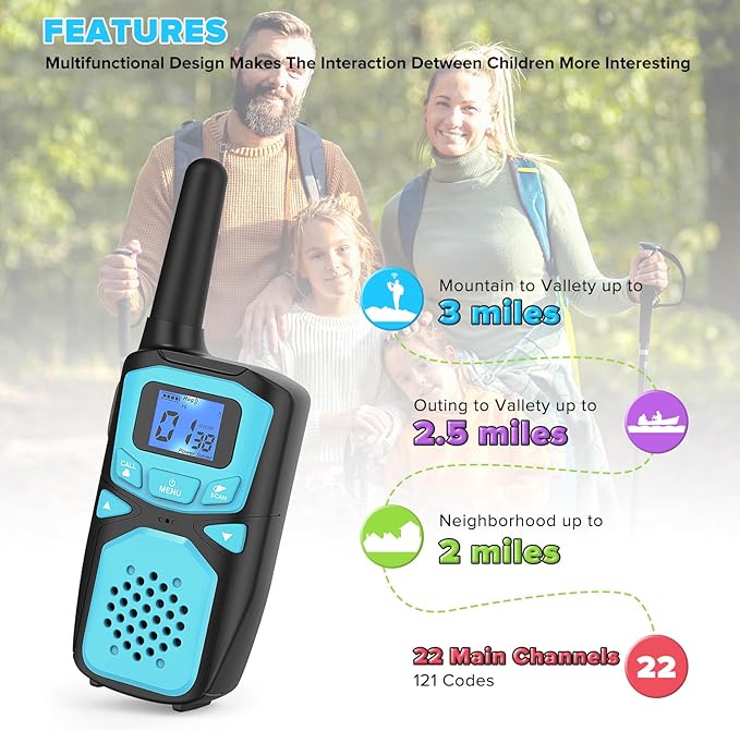 Rechargeable Kids Walkie Talkies with Built-in LCD Display, Earpieces, and USB Charging