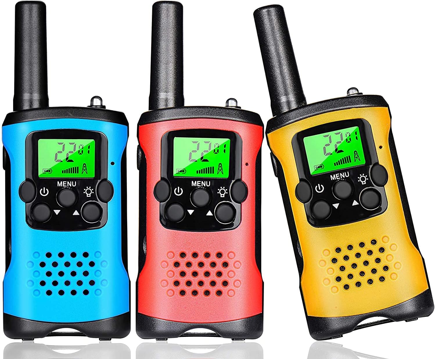 Walkie-Talkie Set of 3 with 22 Channels, LCD Display, VOX Hands-Free, and LED Flashlight - Blue, Red, Yellow