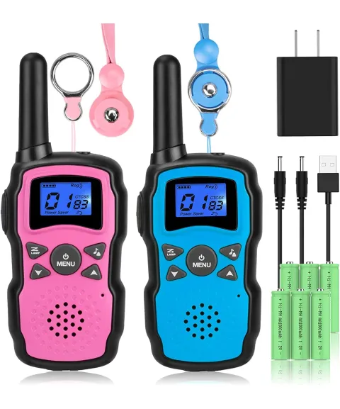 Rechargeable Walkie-Talkie Set of 2, 22 Channels, LCD Display, VOX Hands-Free, LED Flashlight - Pink and Blue