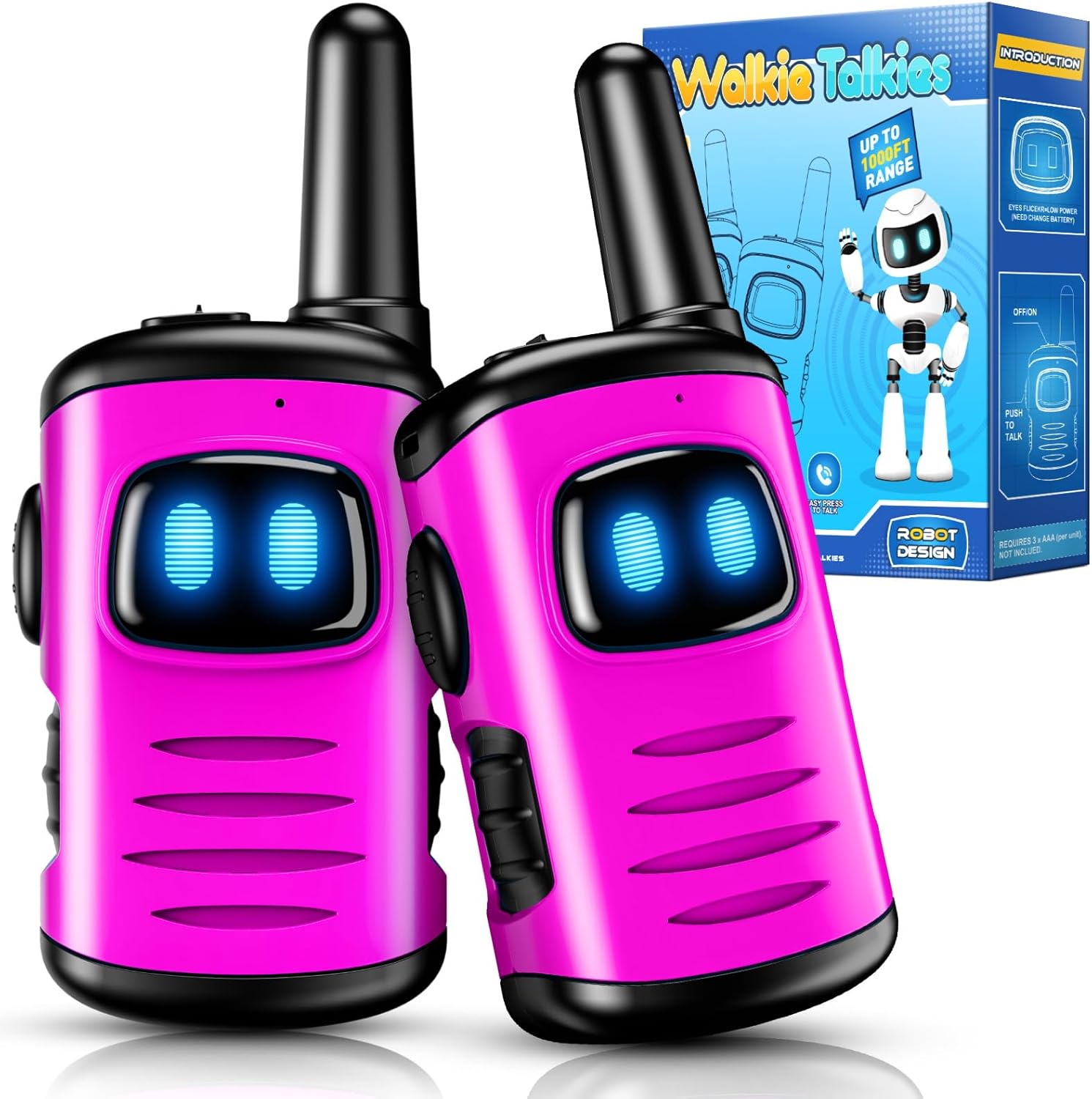 Robot Design Walkie-Talkie Set for Kids, 22 Channels, LED Indicator, VOX Hands-Free, Pink and Black