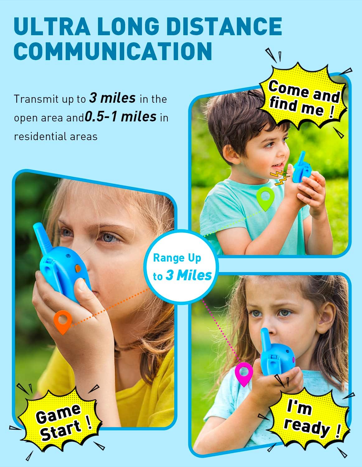 3 Miles Kids Walkie Talkies – LED Display, USB Rechargeable, Key Lock Function, Blue & Pink