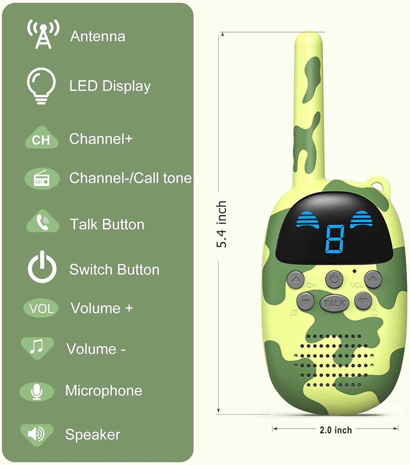 3-Mile Kids Walkie Talkie, 22 Channels Green Camouflage Handheld Radio, Ideal for Outdoor Activities and Family Use