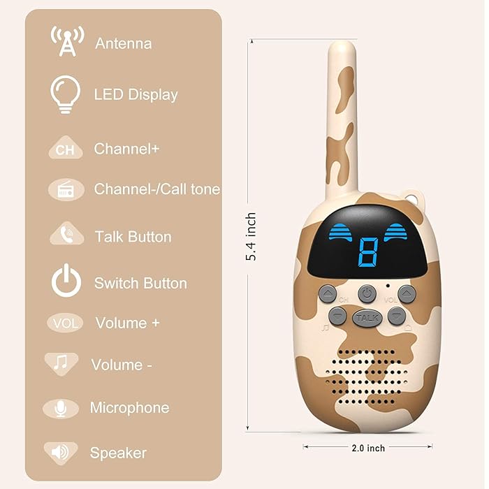 3-Mile Kids Walkie Talkie, 22 Channels Camouflage Handheld Radio, Ideal for Outdoor Activities and Family Use