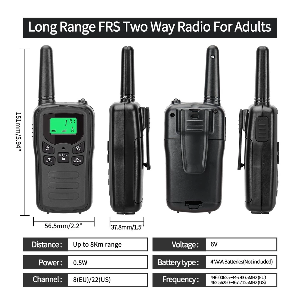Long-Range FRS Two-Way Radio Set for Adults, 22 Channels, VOX Hands-Free, 8km Range