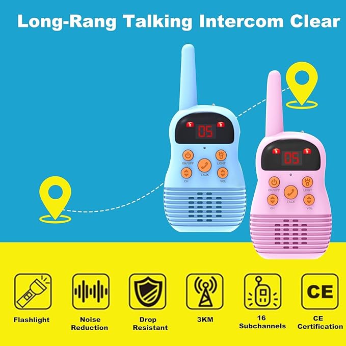 3KM Dětská Walkie Talkie, Dlouhý dosah, Redukce hluku, Svítilna, 16 kanály, CE certifikovaný