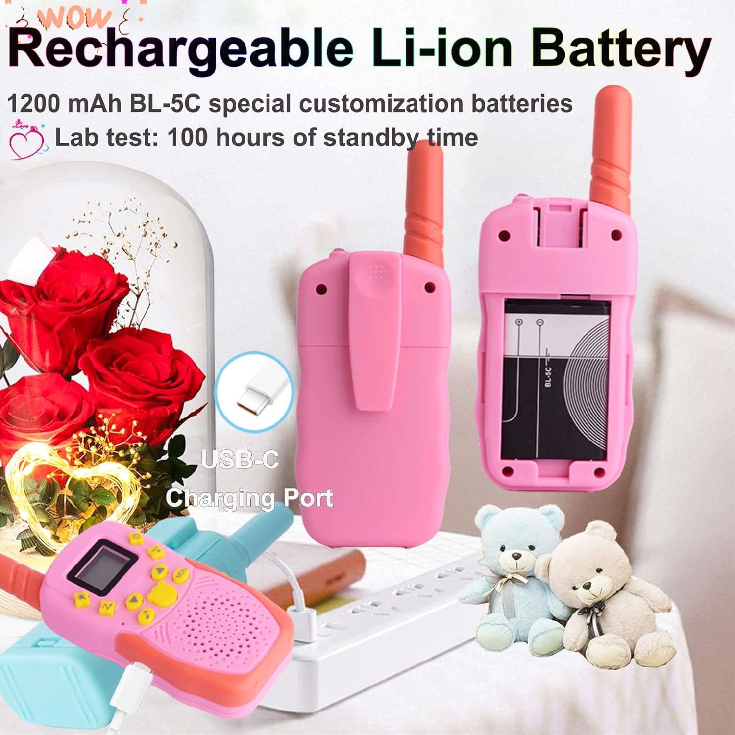 Oplaadbare Kids Walkie Talkies – 3-mijl bereik, digitaal scherm, schattig ontwerp met USB-opladen, ideaal voor binnen en buiten spelen