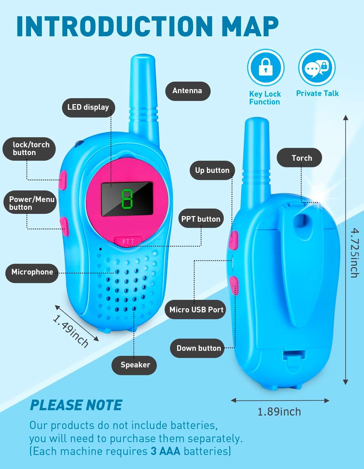 3 Miles Kids Walkie Talkies – LED Display, USB Rechargeable, Key Lock Function, Blue & Pink