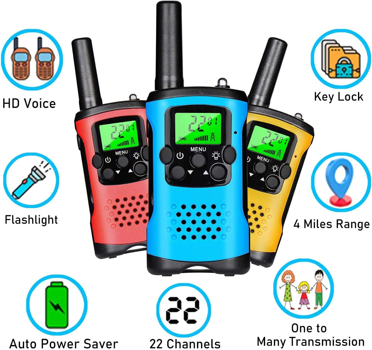 Walkie-Talkie Set of 3 with 22 Channels, LCD Display, VOX Hands-Free, and LED Flashlight - Blue, Red, Yellow