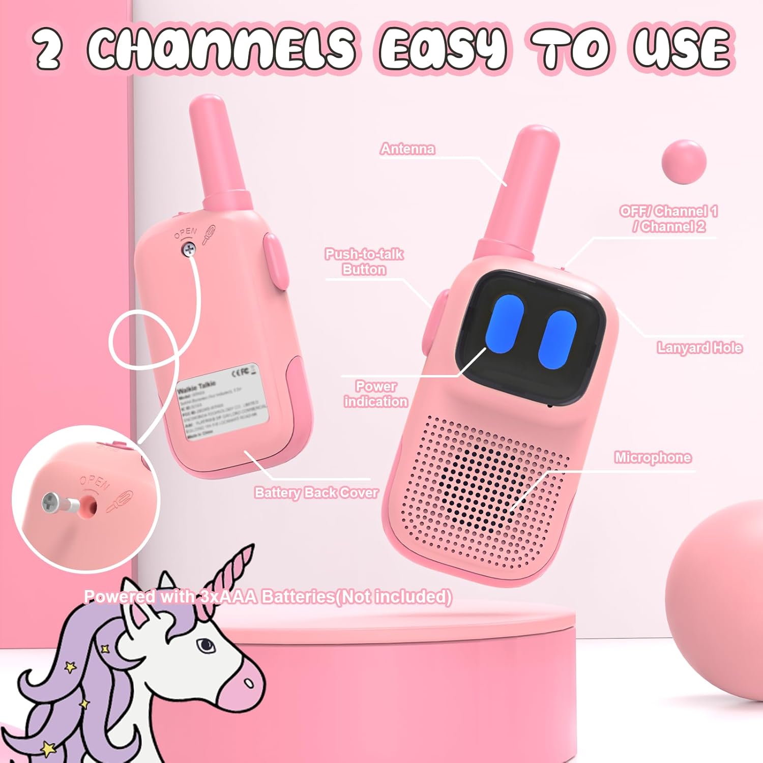 2 Channels Kids Walkie Talkies – Simple and Easy to Use, Pink