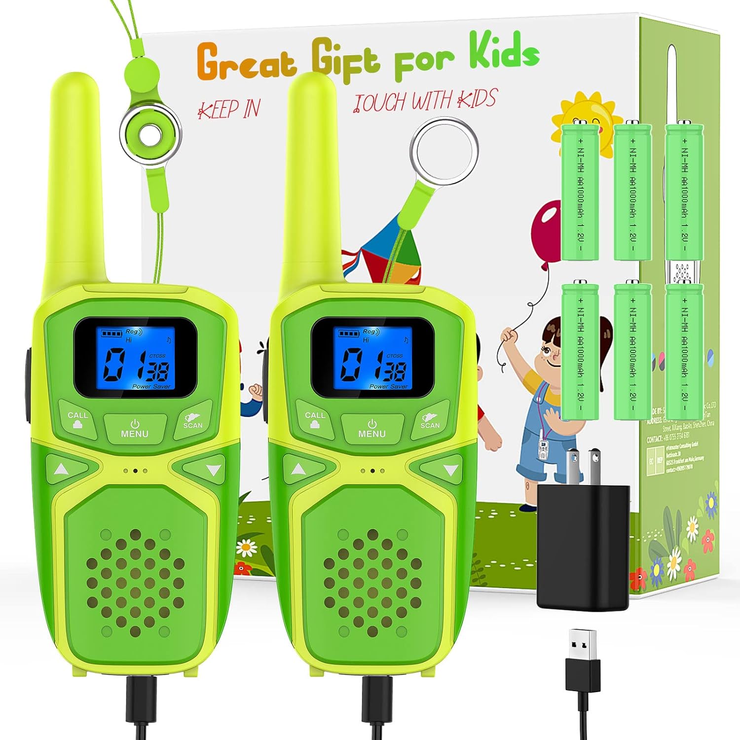 3 Miles Kids Walkie Talkies – Rechargeable with USB Charging, LCD Display, and Long Battery Life, Green