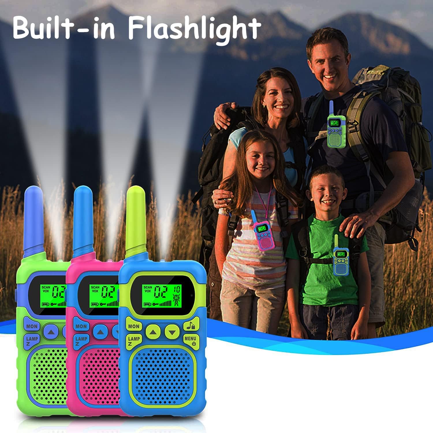 3-Mile Kids Walkie Talkie with Flashlight and VOX, 22 Channels with CTCSS, Pink and Blue