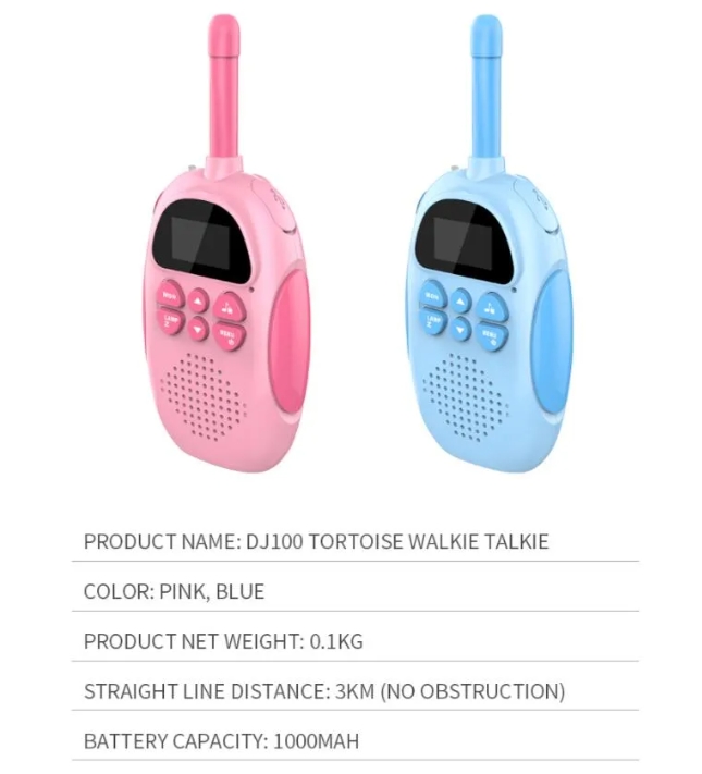 DJ100 Tortoise Walkie Talkies - 3KM Range, Rechargeable, Pink and Blue