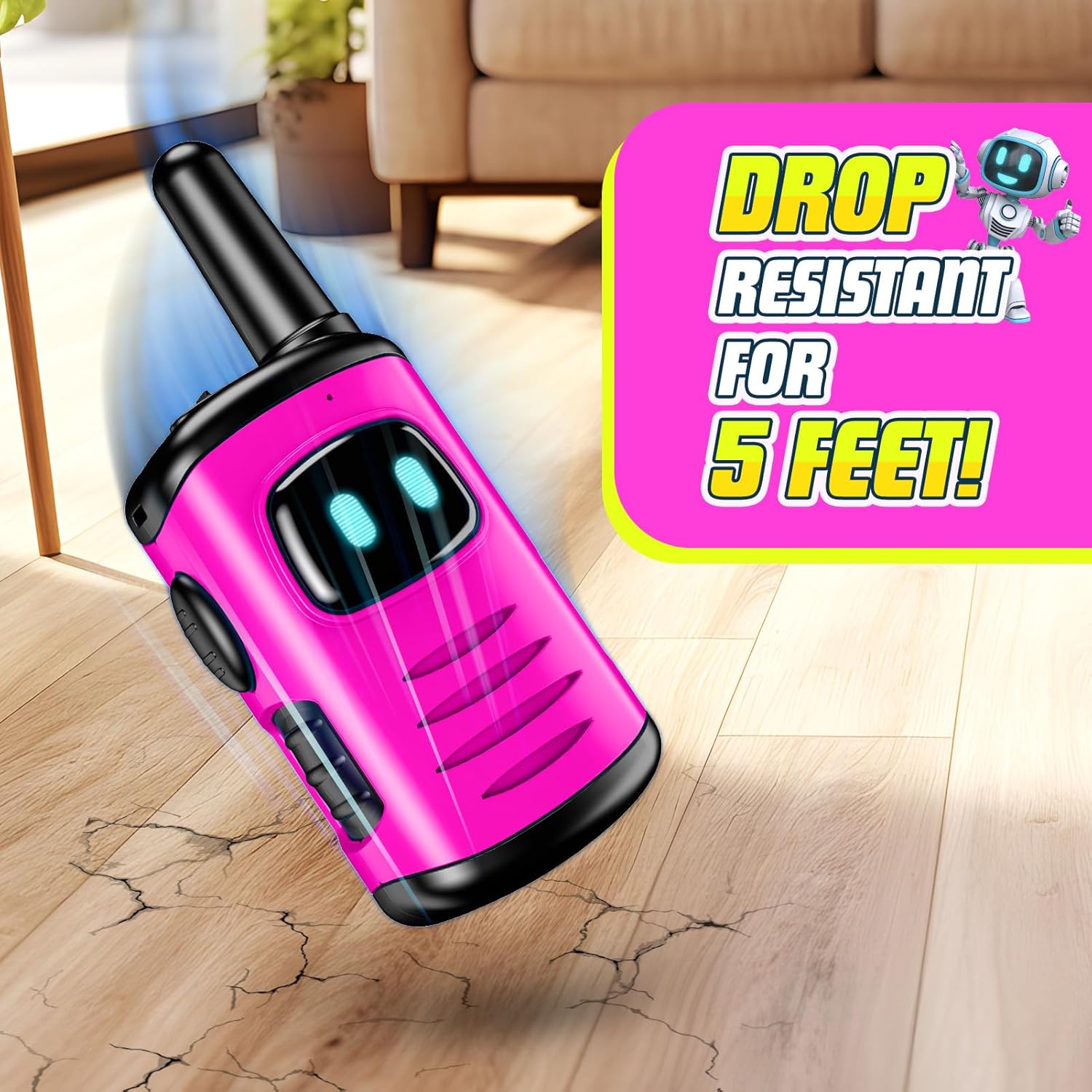 Robot Design Walkie-Talkie Set for Kids, 22 Channels, LED Indicator, VOX Hands-Free, Pink and Black