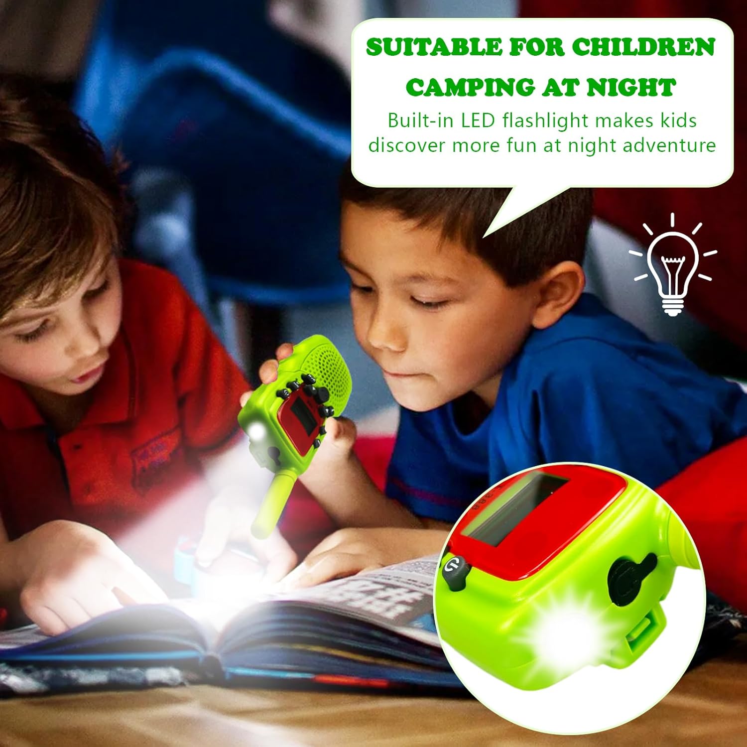 T-388 Green Walkie Talkie for Kids - LCD Display, Flashlight, Belt Clip