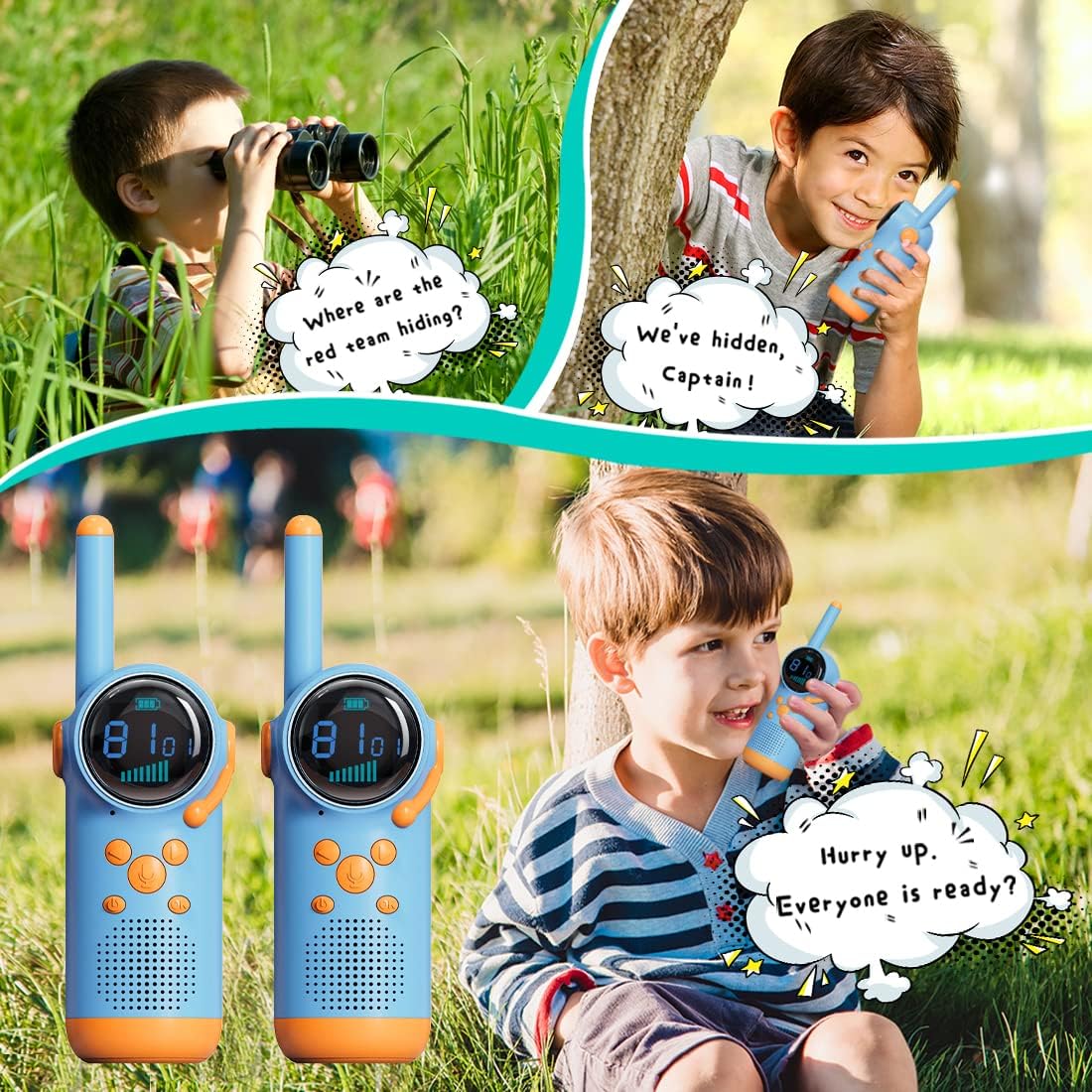 Rechargeable Kids' Walkie Talkie, Two-Way Communication, Blue and Orange Pair for Outdoor Activities