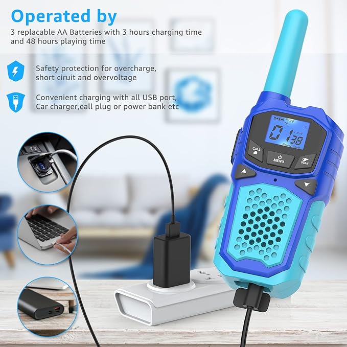 Kids Walkie Talkies with Rechargeable Batteries - 4-Pack Two-Way Radios with Lanyards, LED Display, USB Charging, and Long Range