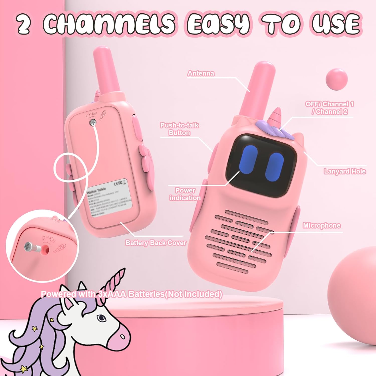 Unicorn Kids Walkie Talkie - 1000ft Range, Drop-Proof Design, Mini Size for Small Hands