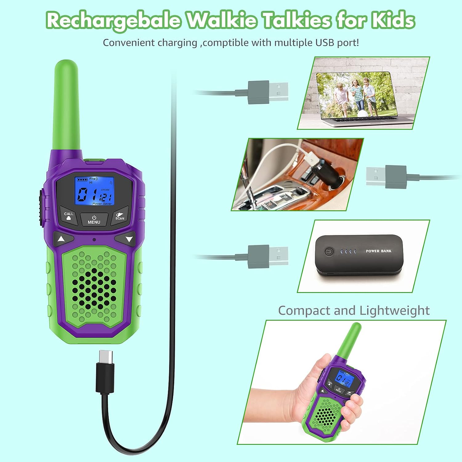 3 Miles Kids Walkie Talkies – Rechargeable with USB, LCD Display, Accessories Included, Purple & Green