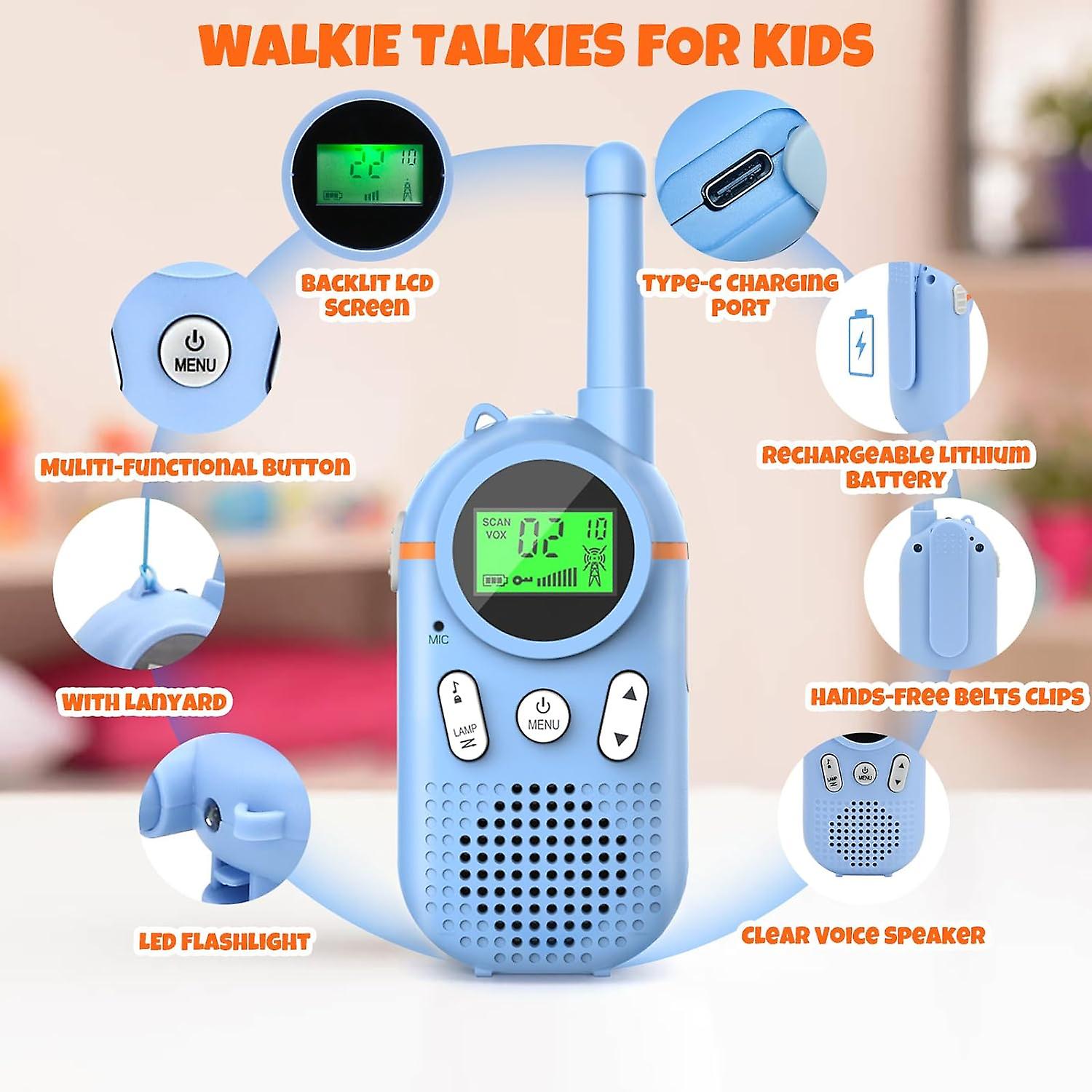 Kids Walkie Talkies with Type-C Charging and LED Flashlight - Rechargeable Two-Way Radio with Hands-Free Clips, Backlit LCD, and Clear Voice