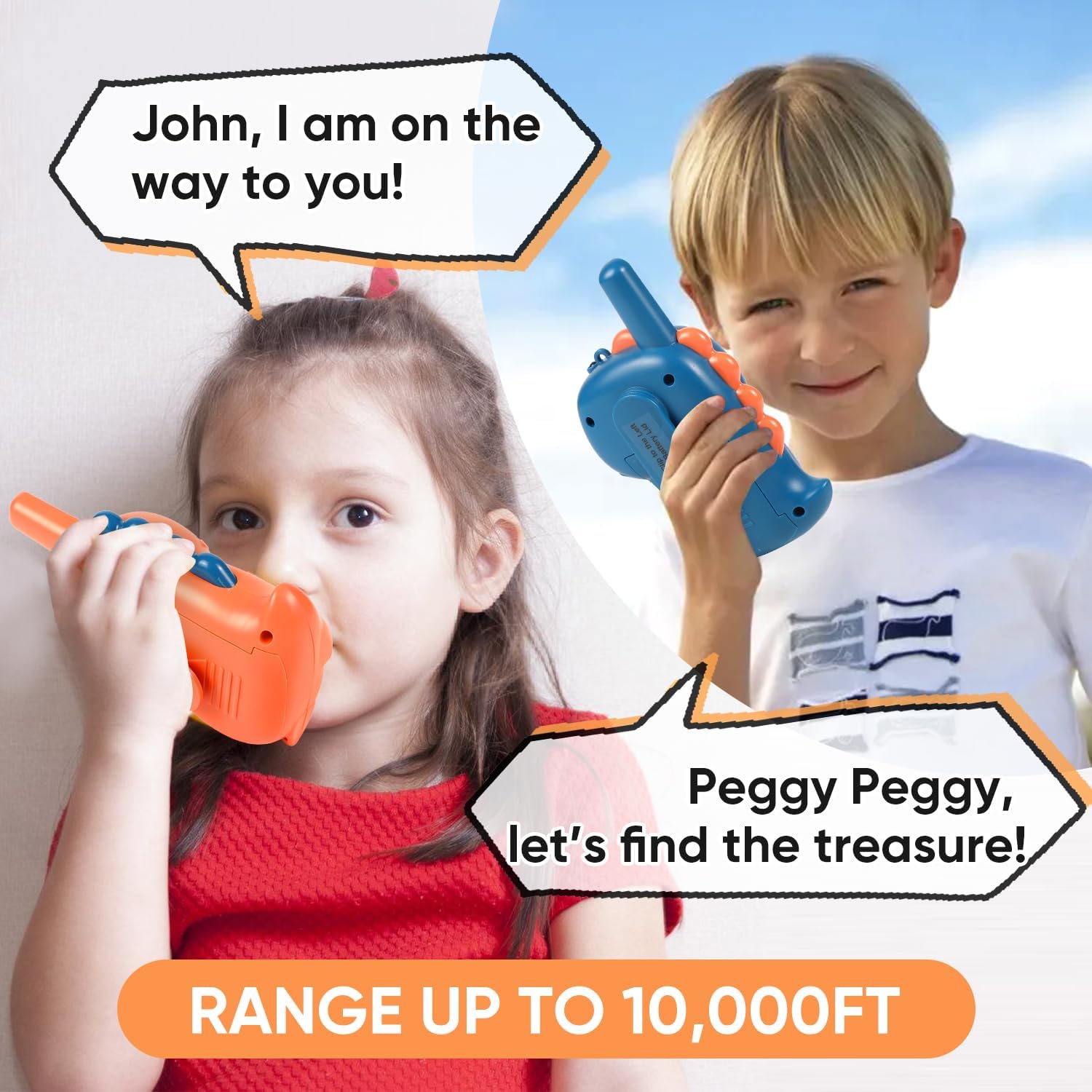 3 Miles Kids Walkie Talkies – Dinosaur Design with LED Light, Long Range Two-Way Radios for Children, Orange & Blue