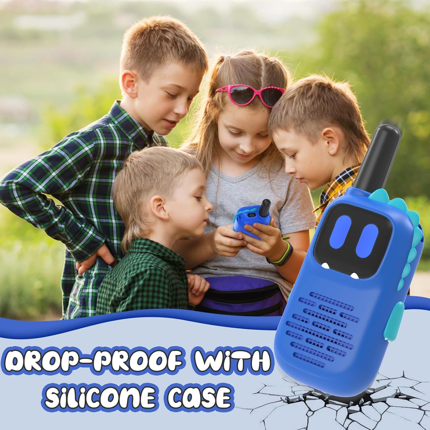 Cute Dinosaur Kids Walkie Talkie 3 Miles Range with Drop-Proof Silicone Case, Ideal for Outdoor Fun