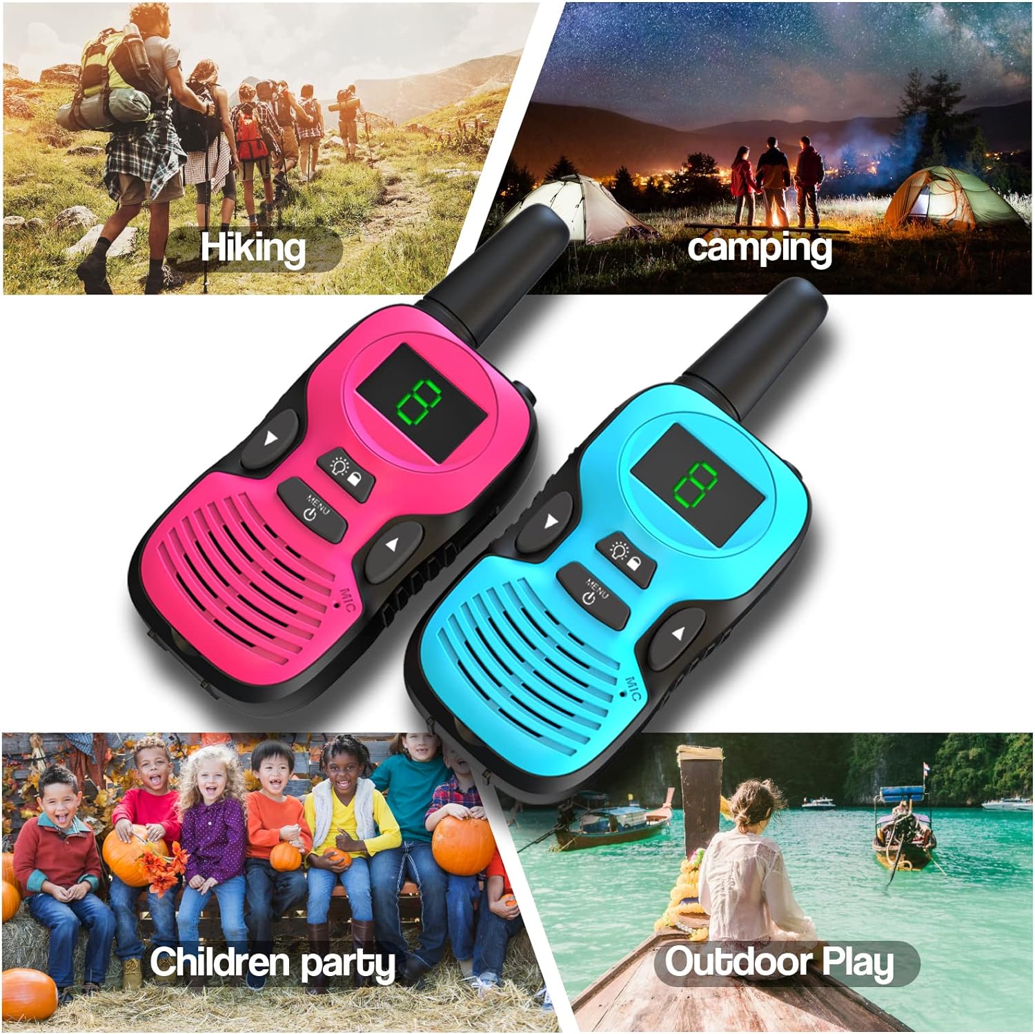 3-Pack Kids Walkie-Talkies Set with LED Display, Flashlight, and 8 Channels (Pink, Green, Blue)