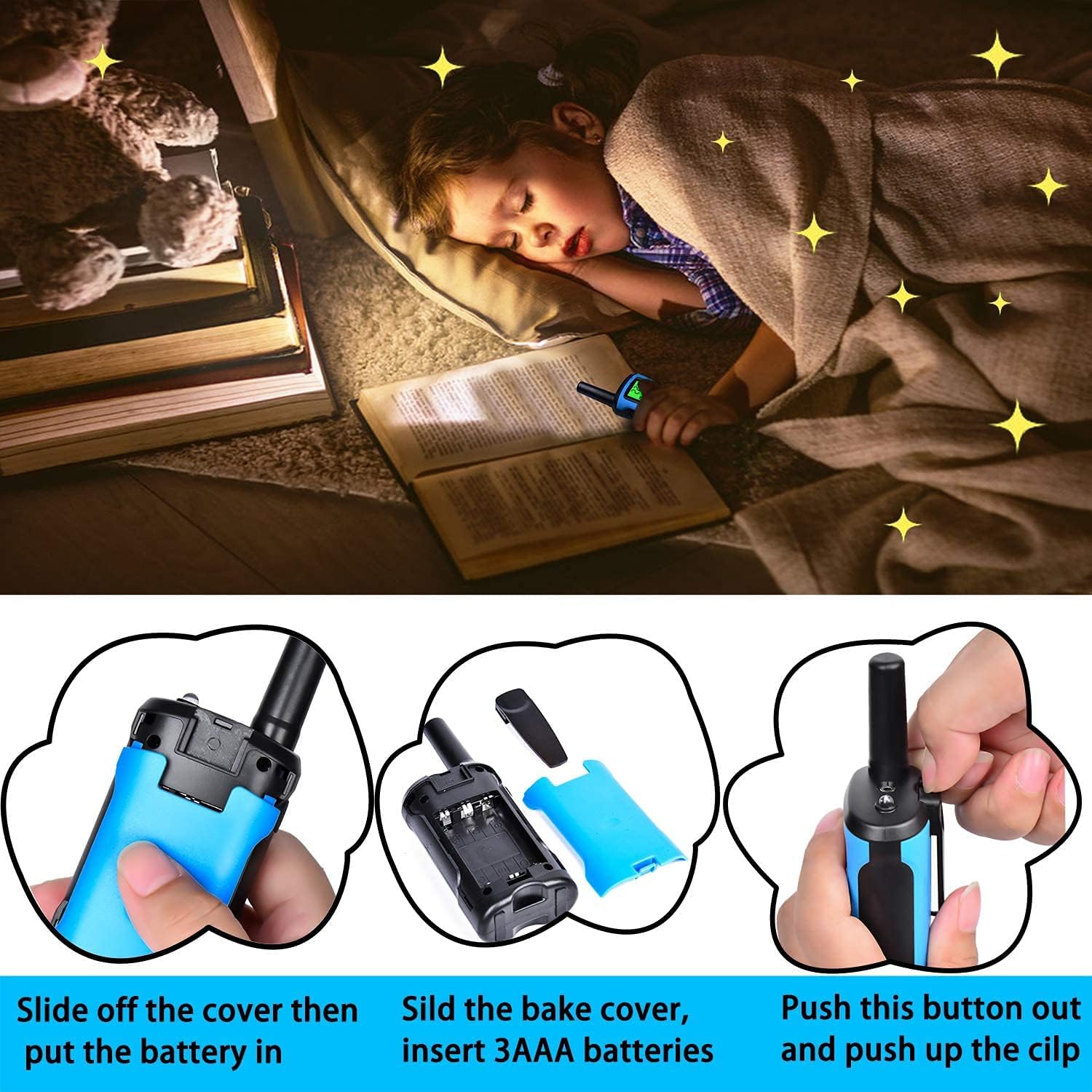 Walkie-Talkie Set of 3 with 22 Channels, LCD Display, VOX Hands-Free, and LED Flashlight - Blue, Red, Yellow
