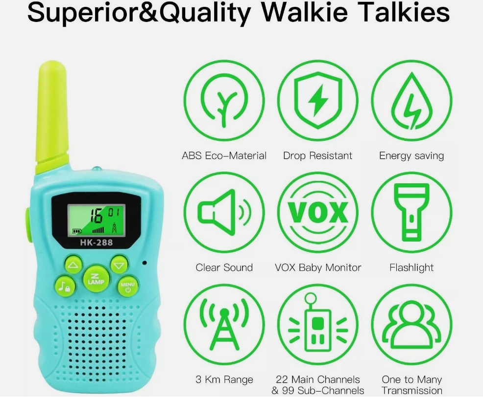 3 KM Kids Walkie Talkie, 22 Channels HK-288 Model with VOX Baby Monitor, Ideal for Outdoor Fun
