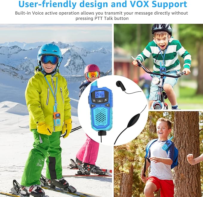 Kids Walkie Talkies with Rechargeable Batteries - 4-Pack Two-Way Radios with Lanyards, LED Display, USB Charging, and Long Range