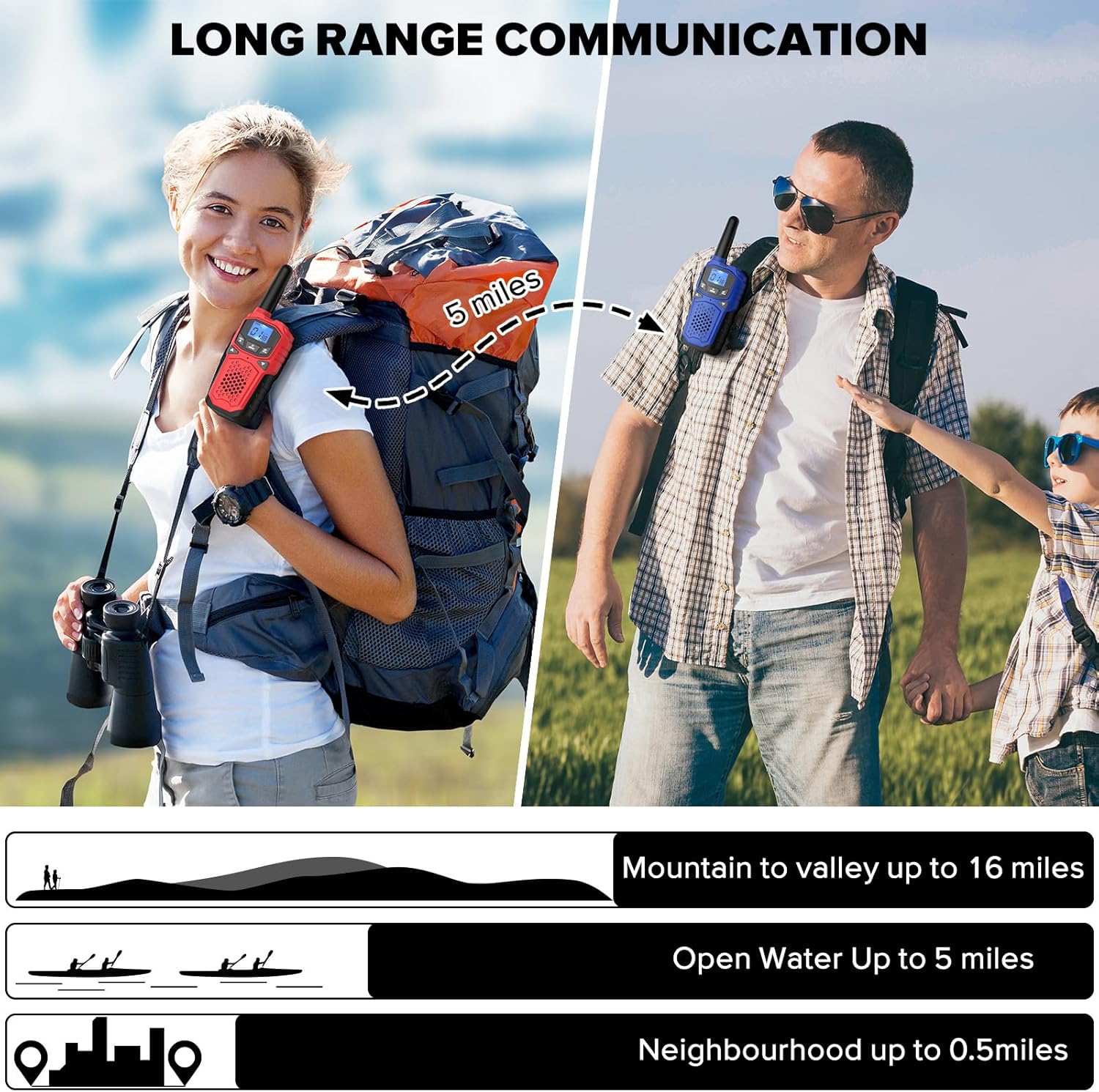 Multifunctional Outdoor Walkie Talkie, 3-Mile Long-Range Two-Way Communication, Supports USB Charging and NOAA Weather Alerts