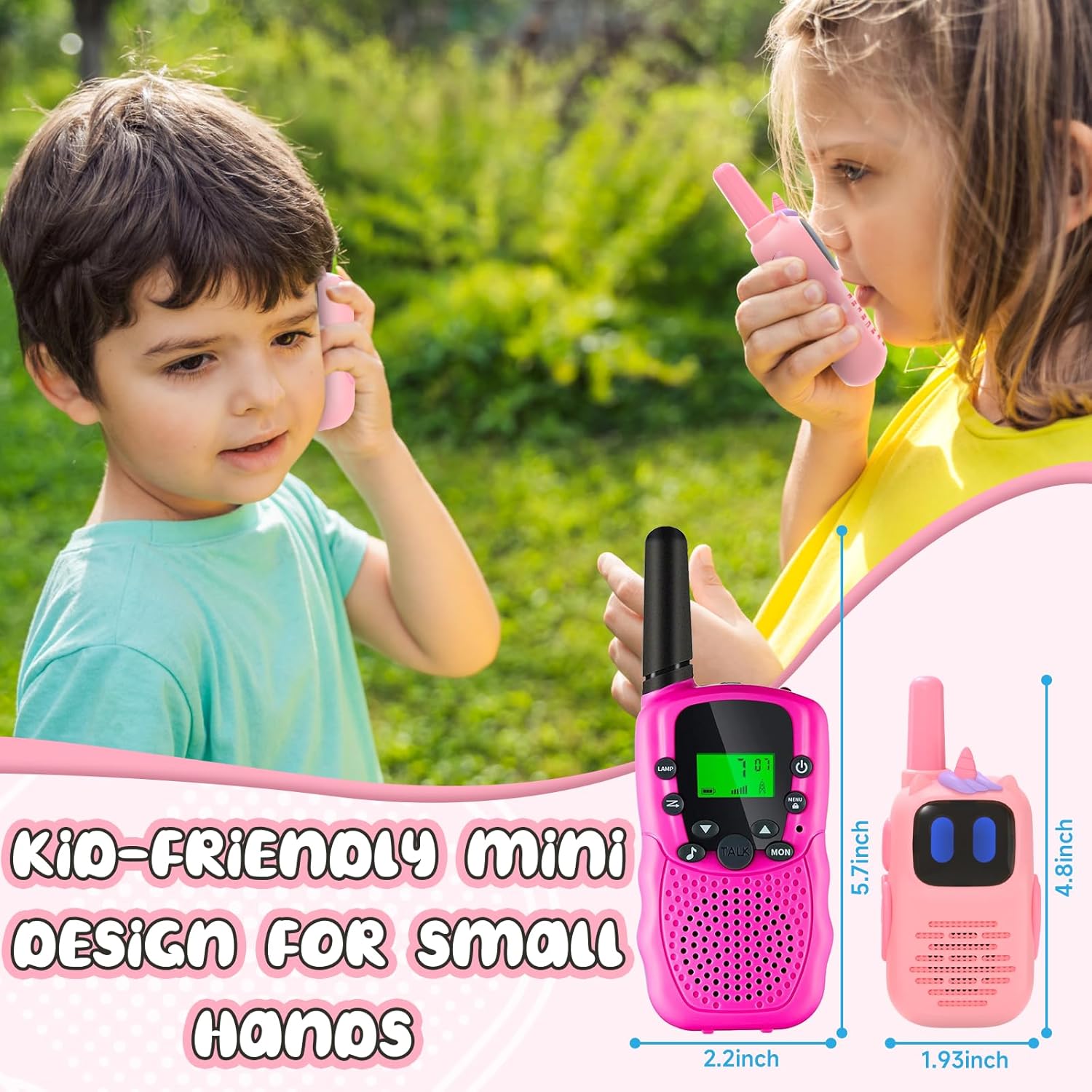 Unicorn Design Walkie-Talkie Set for Kids, 22 Channels, LED Indicator, VOX Hands-Free, Pink
