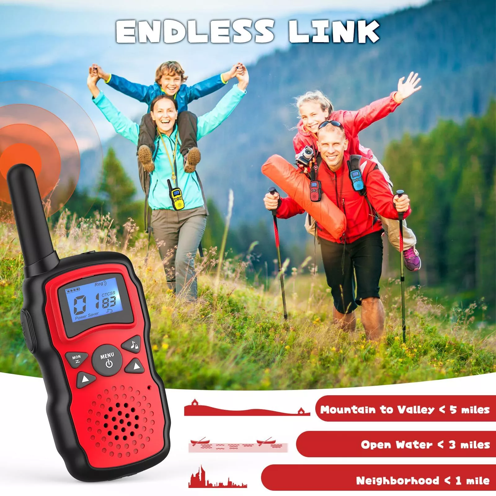 Kids Walkie Talkie - 5 Miles Range, LCD Display, LED Flashlight, Adventure Ready