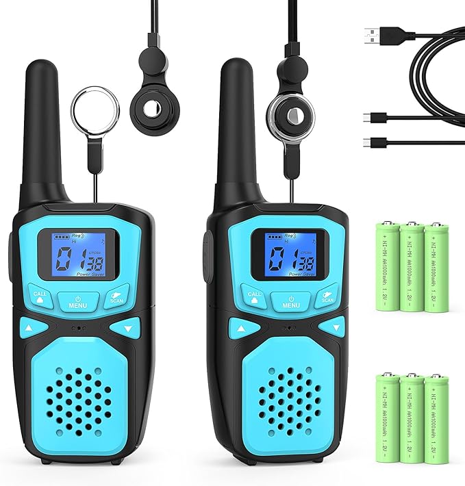 Rechargeable Kids Walkie Talkies with Built-in LCD Display, Earpieces, and USB Charging